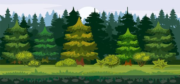 Ilustración de dibujos animados vectoriales del bosque de abetos para la interfaz de usuario del juego. .. Para imprimir, crear vídeos o diseño gráfico web, interfaz de usuario, tarjeta, póster
. - Vector, Imagen