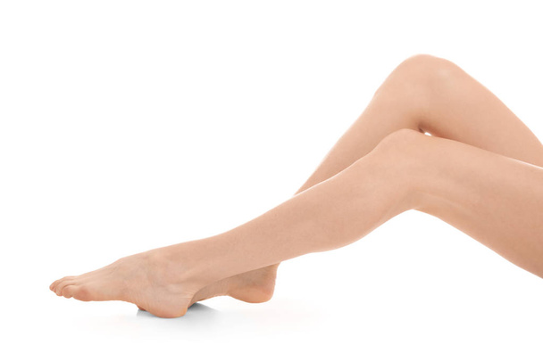 Young woman showing smooth silky skin after epilation on white background - Φωτογραφία, εικόνα