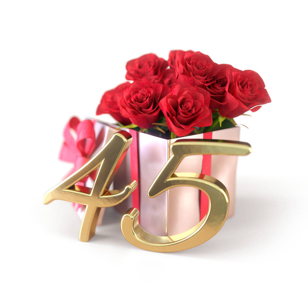 день рождения концепции с красными розами в подарок изолированы на белом фоне. сорок пятый. 45-й. 3D рендеринг
 - Фото, изображение
