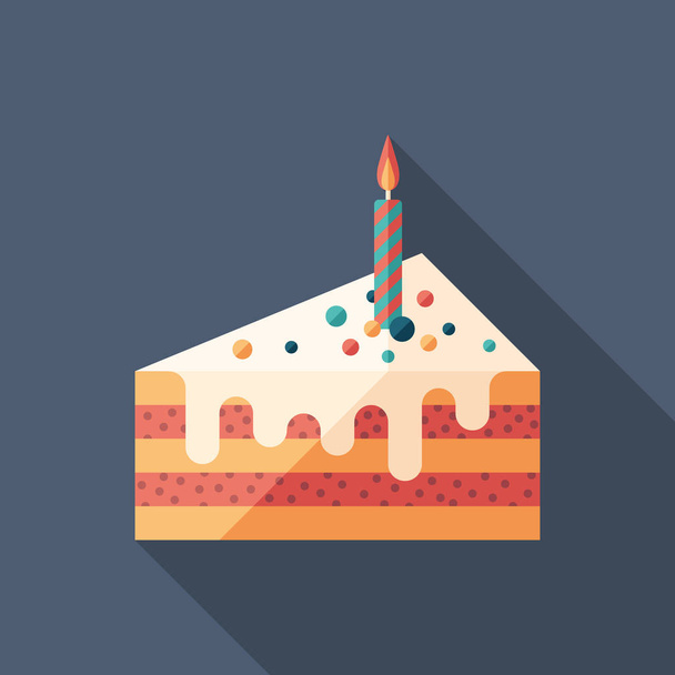 Piece of cake with one candle flat square icon with long shadows. - Wektor, obraz
