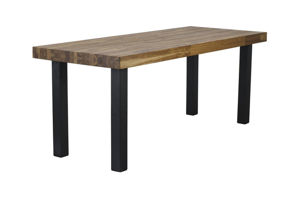 白い背景に分離された黒の金属製の脚で木製のテーブル - 写真・画像