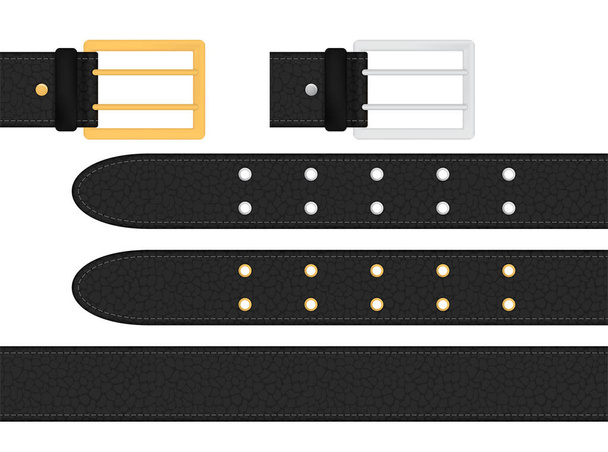 Seamless black leather belt with metallic silver and golden buckle. Isolated vector illustration. - Vector, Image