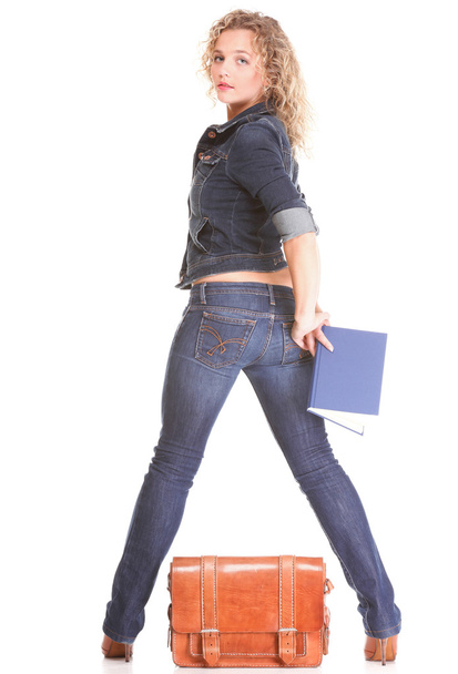 Beautiful young woman blonde standing full body in jeans isolate - Valokuva, kuva