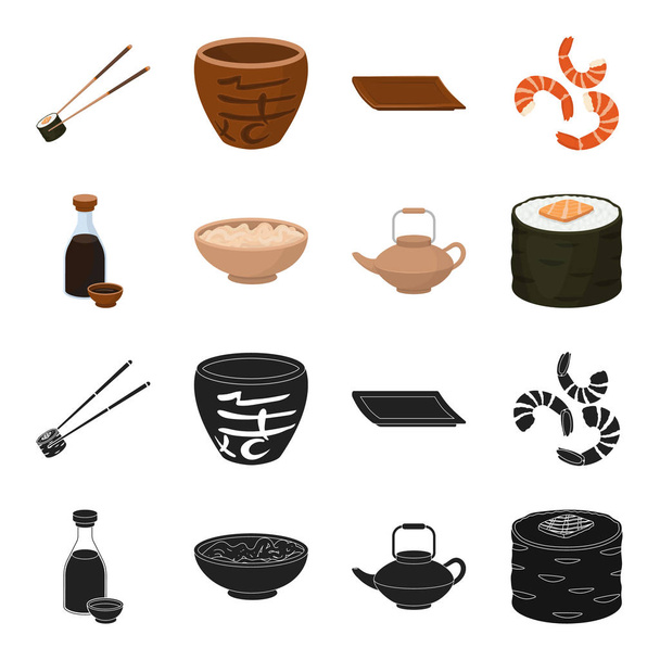Soy sauce, noodles, kettle.rolls.Sushi set collection icons in black,cartoon style vector symbol stock illustration web. - Вектор, зображення