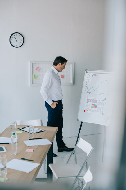 боковой вид бизнесмена в формальной одежде, смотрящего на белую доску с графикой в офисе
 - Фото, изображение
