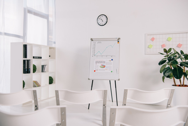 белые пустые стулья и белая доска с графикой в офисе, концепция бизнес-обучения
 - Фото, изображение