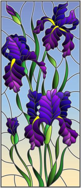 Illustration en style vitrail avec bouquet violet d'iris, fleurs, bourgeons et feuilles sur fond de ciel
 - Vecteur, image