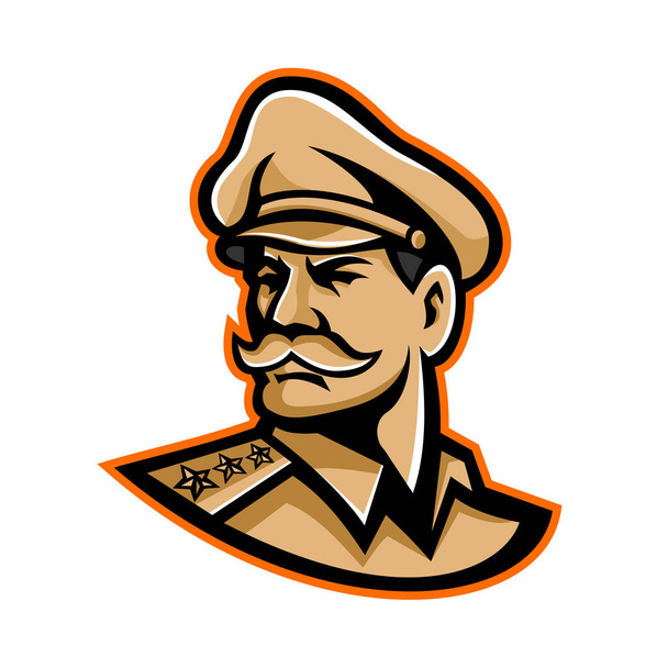 Maskotka ikona ilustracja głowy amerykański generał trzygwiazdkowych sobie czapka garnizonowa patrząc do przodu oglądane z boku na na białym tle w stylu retro. - Wektor, obraz