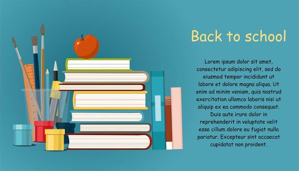 Back to school. Hobby. Books, Painting Paints, brushes isolated on blue background - Vector, Image