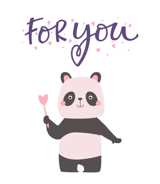 Valentine card with panda and lettering with handwritten calligraphy text, isolated on white background. Vector Illustration - ベクター画像