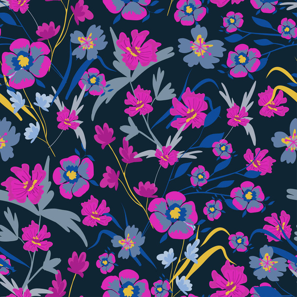 Seamless pattern with small flowers on a dark background. Modern fashionable floral texture for fabric, wallpaper, interior, tiles, print, textiles, packaging and various types of design. Trendy Vector illustration. - Vector, Imagen