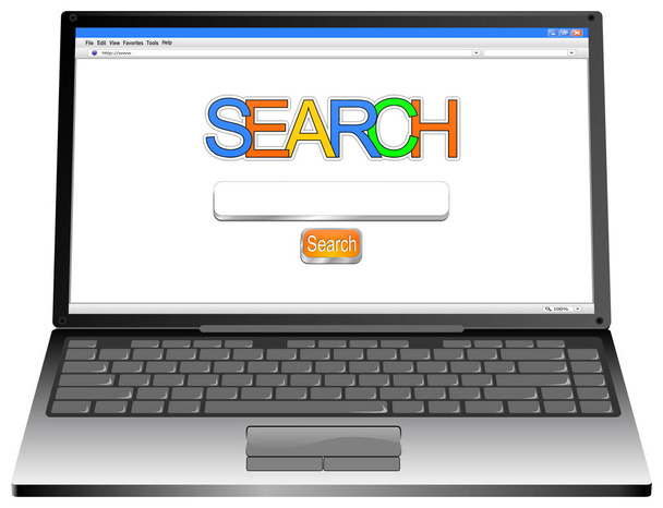Laptop with internet web search engine on white desktop - 3D illustration - Photo, Image