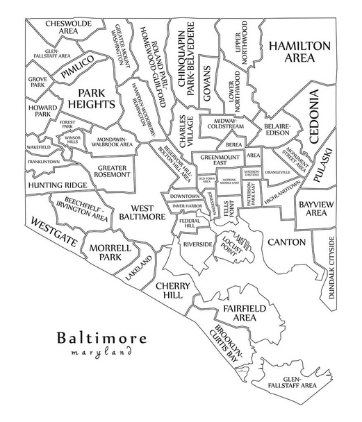 Mapa de la ciudad moderna - Baltimore Maryland ciudad de los Estados Unidos con barrios y títulos esquema mapa
 - Vector, Imagen
