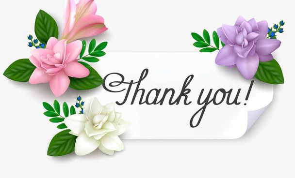 Sheet of paper with handwritten inscription Thank you among several flowers. Realistic vector illustration. View on top. - Vector, Imagen