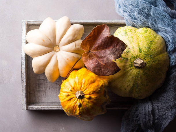 Autumn background with pumpkins on tray - Photo, Image