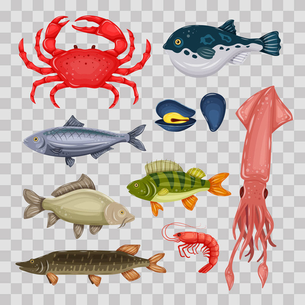 Seafood set with crab, fish, mussel and shrimp isolated on transparent background. Design for restaurant menu, market. Marine creatures in flat style - vector illustration - Διάνυσμα, εικόνα