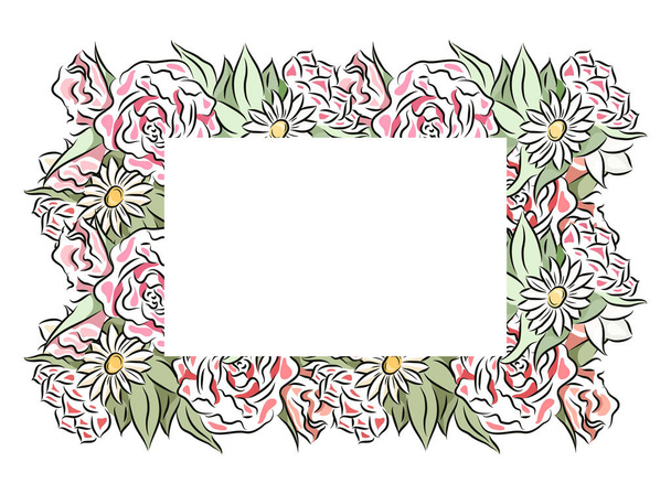 Delicate frame of hand drawn roses and chamomiles with a place under the text. Vector template for invitations, cards, letters and your design. - Vektor, Bild