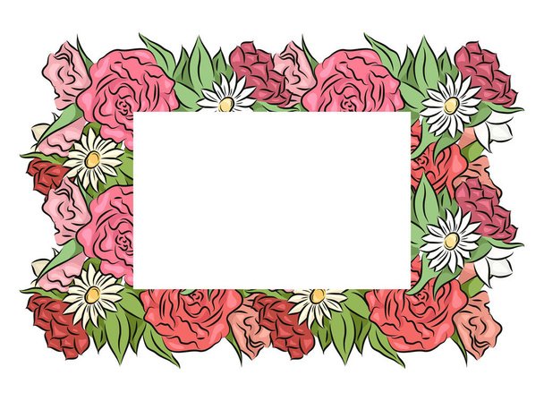Frame of hand drawn roses and chamomiles with a place under the text. Vector template for invitations, cards, letters and your design. - Vettoriali, immagini