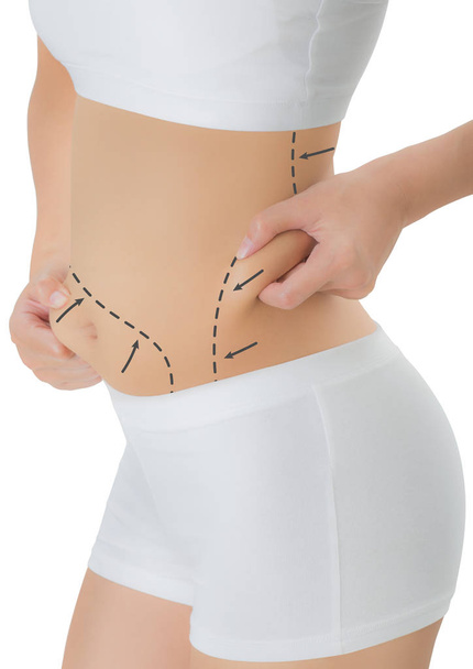 woman grabbing skin on her hip and belly with the drawing black arrows, Lose weight and liposuction cellulite removal concept, Isolated on white background. - Φωτογραφία, εικόνα