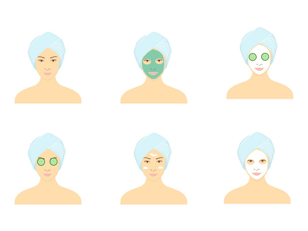 Vector illustration beautiful woman with facial mask of cucumber slices on face. Steps how to apply facial mask - Vektor, obrázek