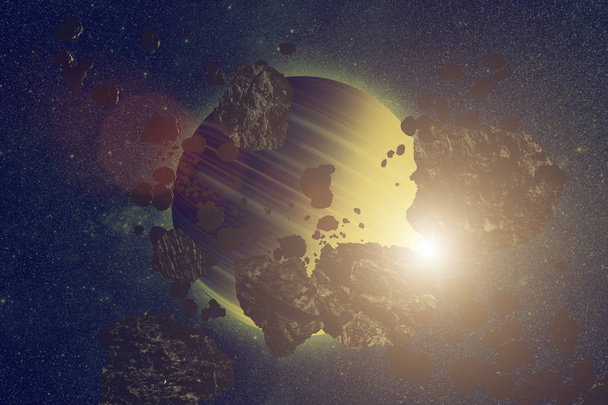 Pianeta circondato da un campo di asteroidi nello spazio buio. Elementi di questa immagine forniti dalla NASA
 - Foto, immagini