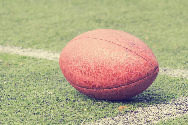 Leather football ball lying on green field - Foto, imagen