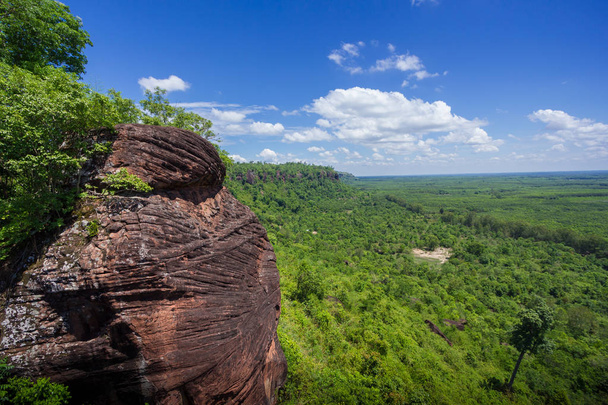 Beautiful scenery of the sandstone cliff with the jungle and blue sky in the background, Phu Sing, Bueng Kan, Thailand - Photo, Image