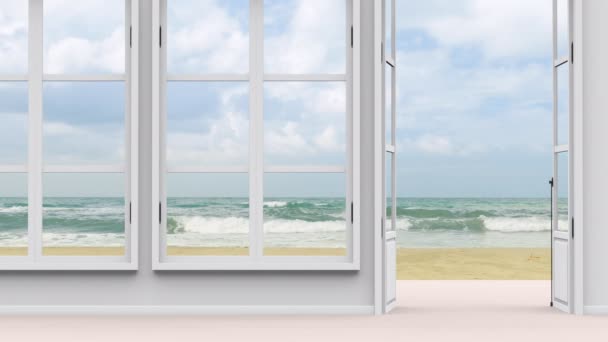 Dom z widokiem na morze, duże okna i plaża morze - Materiał filmowy, wideo
