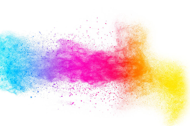 Explosão em pó multi cor no fundo branco. Lançado partículas de poeira coloridas salpicos
. - Foto, Imagem