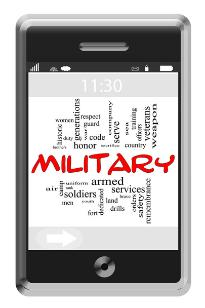 タッチ スクリーン携帯電話の軍事単語雲概念 - 写真・画像