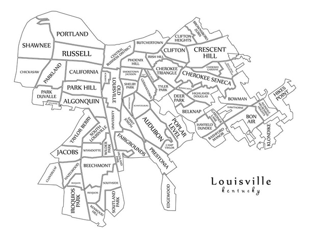 Modern város térképe - Louisville, Kentucky város az USA-ban, a környékek és cím térképének körvonala - Vektor, kép