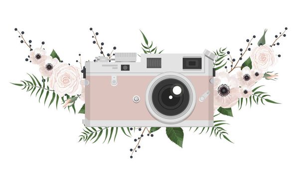 Vintage retro photo camera in flowers, leaves, branches on white background. - Vector, Image