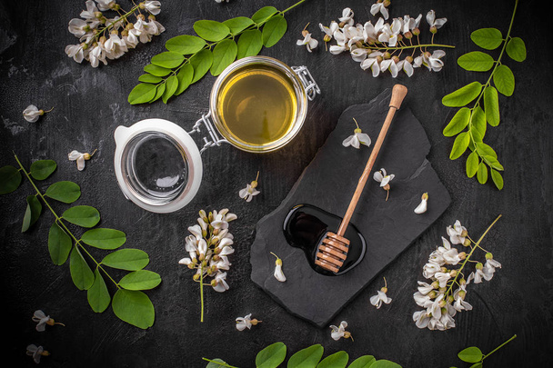 Acacia honey and flowering acacia on black background - Photo, image