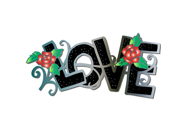 Love word hand drawn lettering with rose flowers - Photo, Image