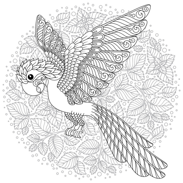 Zentangle stylized cartoon parrot . Hand drawn sketch for adult antistress coloring page, T-shirt emblem, logo or tattoo with floral design elements. - Vetor, Imagem