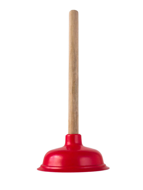 émbolo de goma rojo brillante con mango de madera aplanado aislado en blanco
 - Foto, imagen