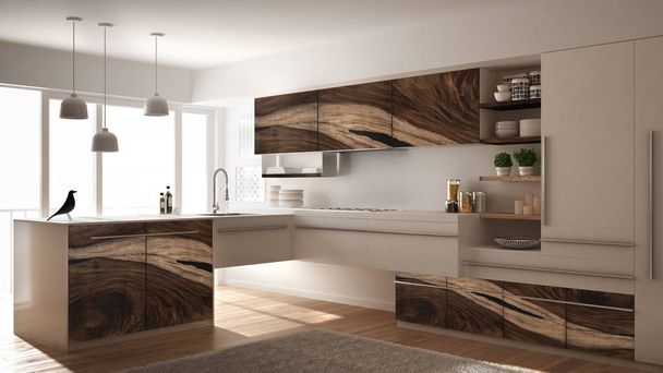 Moderna cocina minimalista con accesorios clásicos de madera, alfombra y ventana panorámica, diseño interior de arquitectura gris oscuro
 - Foto, imagen