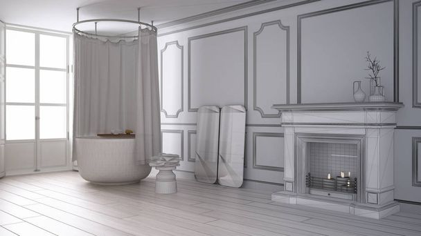 Unvollendetes Projekt eines Vintage-Badezimmers im klassischen Raum mit altem Kamin und Parkettboden - Foto, Bild