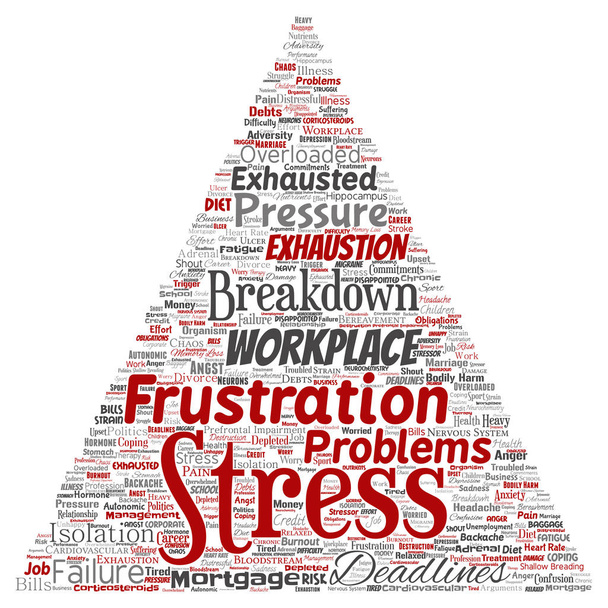 Wektor pojęciowy stresu psychicznego pracy lub pracy ciśnienie ludzi trójkąta strzałka słowo w chmurze na białym tle. Kolaż, zdrowia, pracy, problem depresji, wyczerpanie, podział, terminy ryzyko - Wektor, obraz