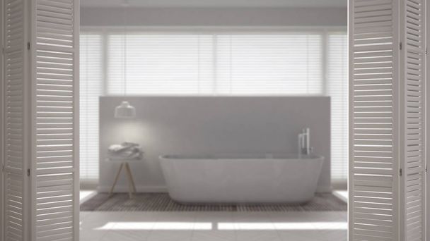 White folding door opening on modern minimalist bathroom with bathtub, white interior design, architect designer concept, blur background - Photo, Image
