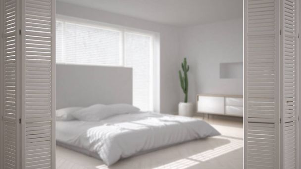 White folding door opening on modern scandinavian minimalist bedroom, white interior design, architect designer concept, blur background - Photo, Image