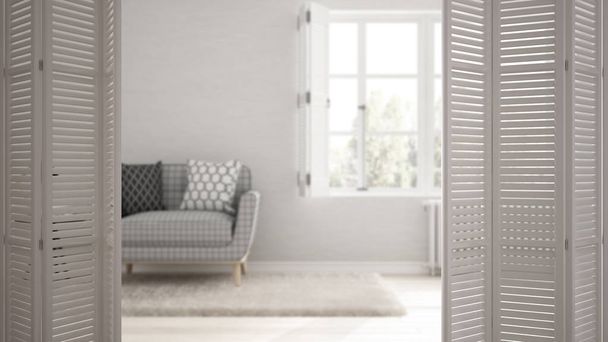 Открытие белых складных дверей в современной скандинавской гостиной с большим панорамным окном, белым дизайном интерьера, дизайнерской концепцией, размытым фоном
 - Фото, изображение