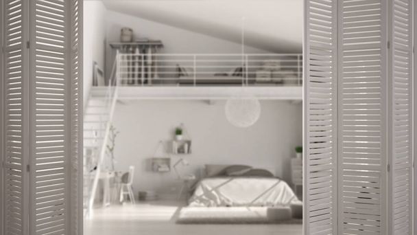 Valkoinen taitto oviaukko moderni makuuhuone mezzanine, valkoinen sisustus, arkkitehti suunnittelija käsite, hämärä tausta
 - Valokuva, kuva