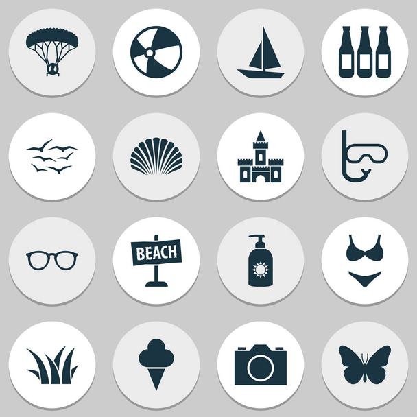 Season icons set with paraplane, boat, gulls and other balloon elements. Isolated vector illustration season icons. - Vector, Image