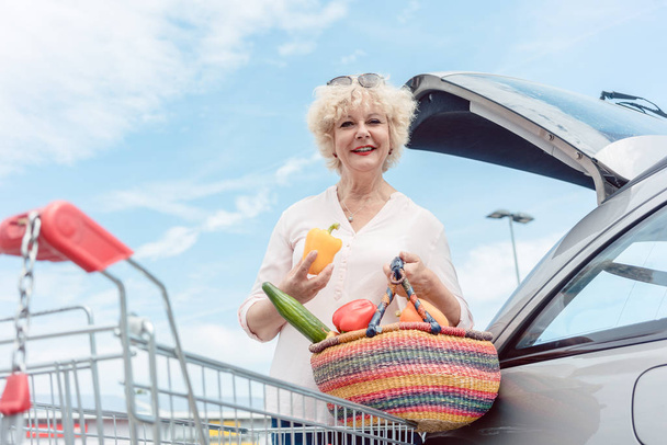Cheerful senior woman holding a basket full of fresh vegetables  - Фото, изображение