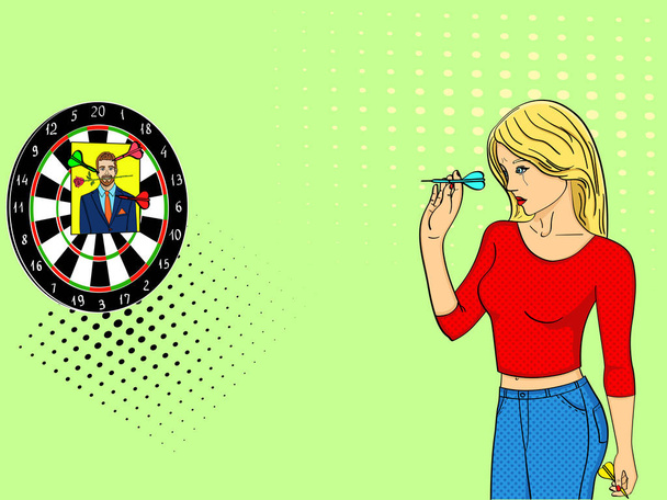 Pop art girl cries and plays in a wall mounted shooting gallery. Dart in a photo of a man. Imitation comic style. - Vector, Image