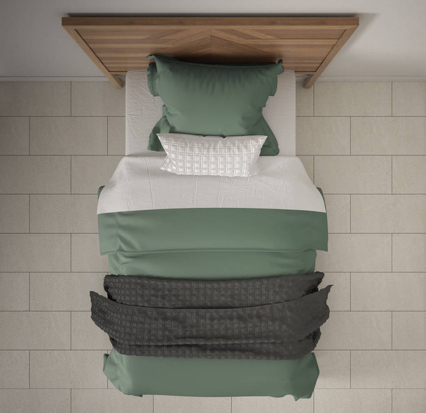 Camera da letto moderna, vista dall'alto, primo piano su letto singolo in legno, grigio e verde, pavimento in marmo, interior design contemporaneo
 - Foto, immagini