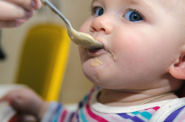 Mother gives baby food from a spoon - 写真・画像