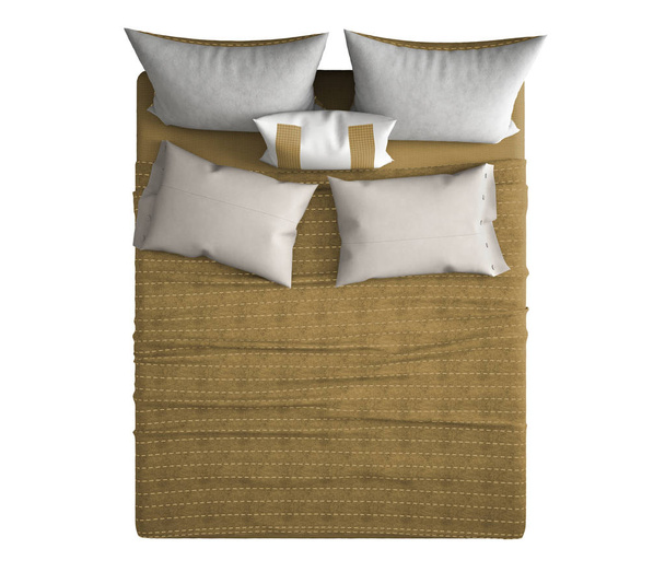 Lit double moderne contemporain avec oreillers, vue de dessus, isolé sur fond blanc, design intérieur gris et jaune
 - Photo, image