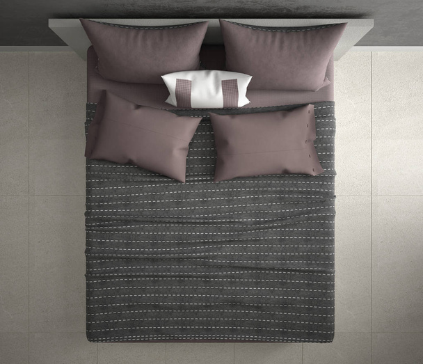 modernes Schlafzimmer, Draufsicht, Nahaufnahme auf Doppelbett grau und rot, Marmorboden, modernes Interieur - Foto, Bild